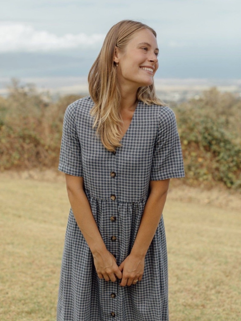 Blue Gingham Button-Front Maxi Dress